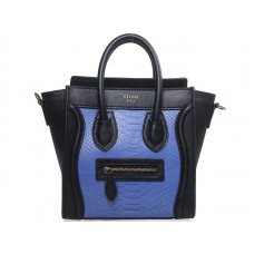 Celine Luggage Mini Tote in kalfsleer, zwart met blauw slangenleer