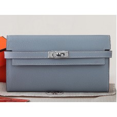 Hermes Epsom Original Kalfsleren Kelly Lange Portemonnee Grijs Blauw