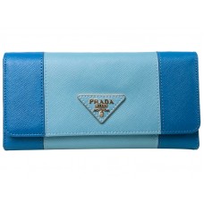 Prada Saffiano leren drievoudige portemonnee blauw met lichtblauwe accenten