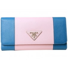 Prada Saffiano leren drievoudige portemonnee blauw met roze