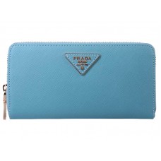 Prada Saffiano Zippy portemonnee met driehoekig logo in blauw