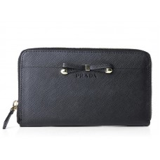 Prada Saffiano Zippy portemonnee met strikdetail, zwart