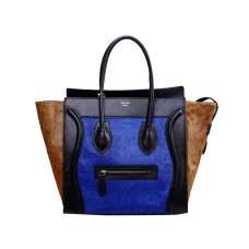 Celine Luggage Medium Tote in kalfsleer zwart / ponyhaar blauw