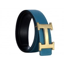 Hermes Togo leren riem met gouden H-gesp, blauw/zwart