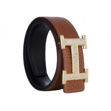Hermes Togo leren riem met gouden H-gesp en diamanten zetting, bruin