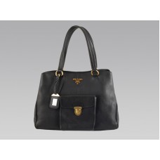 Prada Medium Tote tas van rundleer met voorvak, zwart
