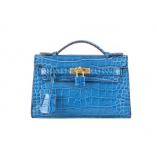 Hermes Matte Kelly Pochette Krokodil Blauw Roi