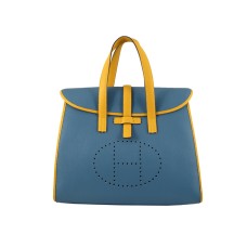 Hermes 08c Flap Bag Blauw met gele leren afwerking