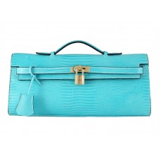Hermes Kelly Pochette Longue hagedissenleer blauw