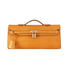 Hermes Kelly Pochette Longue Lizard Leer Oranje