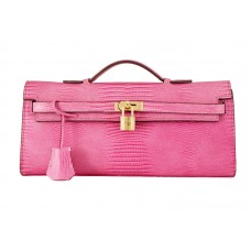 Hermes Kelly Pochette Longue hagedissenleer roze