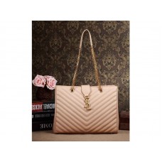 Klassieke Yves Saint Laurent Monogram Shopping Bag in donkerbeige Grain de Poudre gewatteerd leer met textuur.