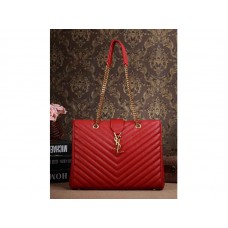 Yves Saint Laurent Classic Monogram Shopping Bag in Lipstick Red Grain de Poudre Textured Matelassé Leather