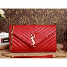 YSL Medium Monogram Satchel, rood generfd, poedergetextureerd, gewatteerd leer