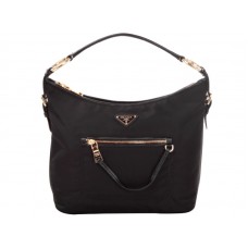 Prada Tessuto nylon hobo tas met leren afwerking, zwart
