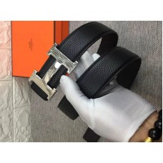 Hermes riemgesp met glanzende zilveren H en omkeerbare leren riem zwart