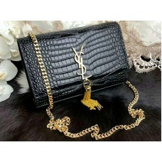 Saint Laurent Kate Medium met kwastjes, glanzend krokodillenleer, zwart